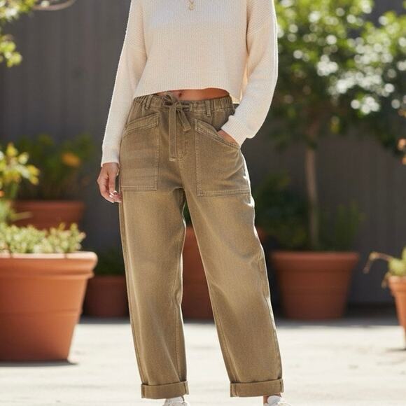 Tallulah Sergeant Drawstring Barrel Pants Khaki Green 100% Cotton Sz M